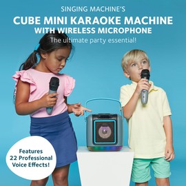 Singing Machine Karaoke System for Adults & Kids with Wireless Microphone, Cube Mini - Rechargeable Battery Karaoke Speaker with Multi-Colored Lights, Bluetooth, 22 Voice Effects & Lead Vocal Removal