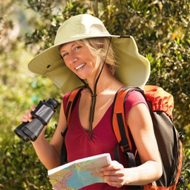 Neck Flap Sun Hat with Wide Brim, UPF 50+ Hiking Safari Fishing hat for Women Men, Sun Protection Hat for Summer Adventures Tan