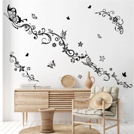 wondever Flowers Vine Wall Stickers Black Floral Butterfly Peel and Stick Wall Art Decals for Girls Bedroom Living Room TV Background