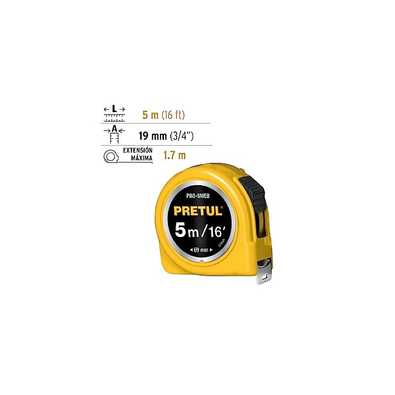 Pretul PRO-5MEB, Flexmetro, amarillo, 5m, cinta 19mm tarjeta plstica