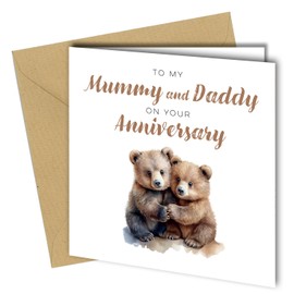 Anniversary Card for Mummy and Daddy Parents, 15x15cm, Cute Greeting Card, 350gsm Card, Blank Inside, Unique Brown Bear Design, Recyclable #1751