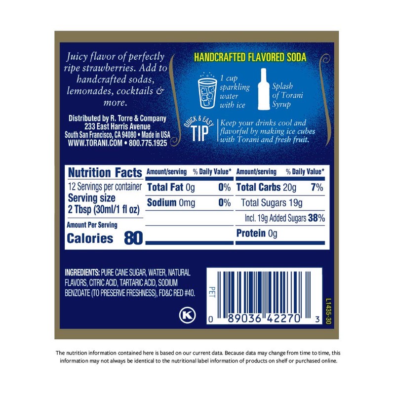 Torani Syrup, Strawberry, 12.7 Ounce, 4 Count