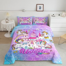 Manfei Unicorn Kids Comforter Set Full Size,Rainbow Starry Sky Romantic Bedding Set,Girls Boys Adults Room Decor,Mermaid Scales Blue Purple Gradient Down Comforter,Cartoon Duvet Insert,2 Pillowcases