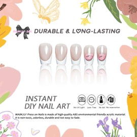 Valentines Press on Nails Short Coffin MABKJLF White French Tip Fake Nails False Nails with Designs Pink Glitter Lips Glossy Glue on Nails Acrylic Nails Stick on Nails for Women Girls 24 Pcs