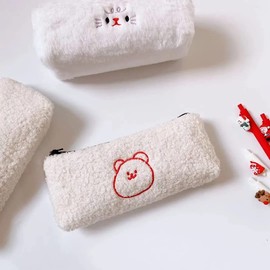 SAKUSHO Plush Zippered Pen Case, Tool Case, Fluffy, Multi-Functional, Large-Capacity, Pencil Case, Cute, Korean, Pen Pouch, for Junior High & College Students, Kids, Freestanding, Slim (White)