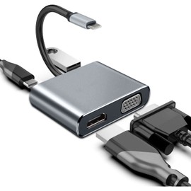 USB C HDMI + VGA Multi-Screen Output 4-in-1 USB C Hub, 4K HDMI + VGA 1080P Video Output + USB 3.0, High Speed Data Transmission + 100W PD Rapid Charging, No Settings Required, Work at Home, Compatible with Type-C Models such as MacBook Air/Pro, iPad Pro 2020/2019, Huawei Matebook, Surface Go, etc
