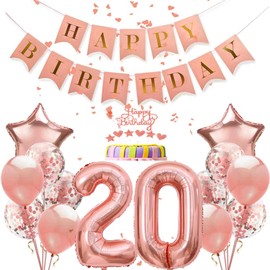 Dalettu Geburtstagsdeko 20 Jahre Frau, Luftballons 20. Geburtstag Dekoration, Roségold Tortendeko Happy 20th Birthday Deko 20 Jahre Frauen, Folienballon Zahl 20 Roségold, Deko 20. Geburtstag Frauen