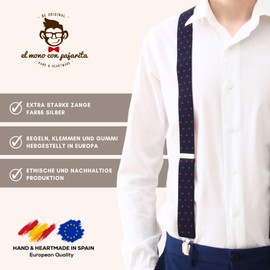 El mono con pajarita Handmade Suspenders for Men. Men's Braces with 3 Extra Strong Clips. Original, Stylish and Durable Elastic Braces for Men., blue / red