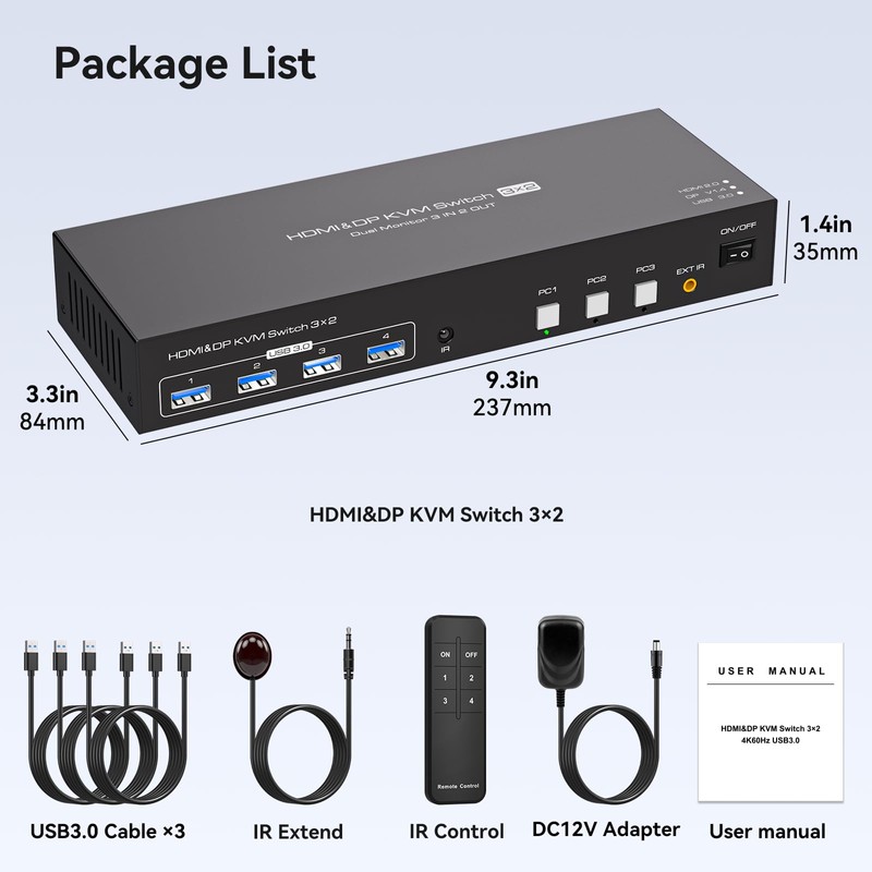 PVBCTCSID HDMI Displayport KVM Switch 3 PC 2 Monitors 8K60Hz