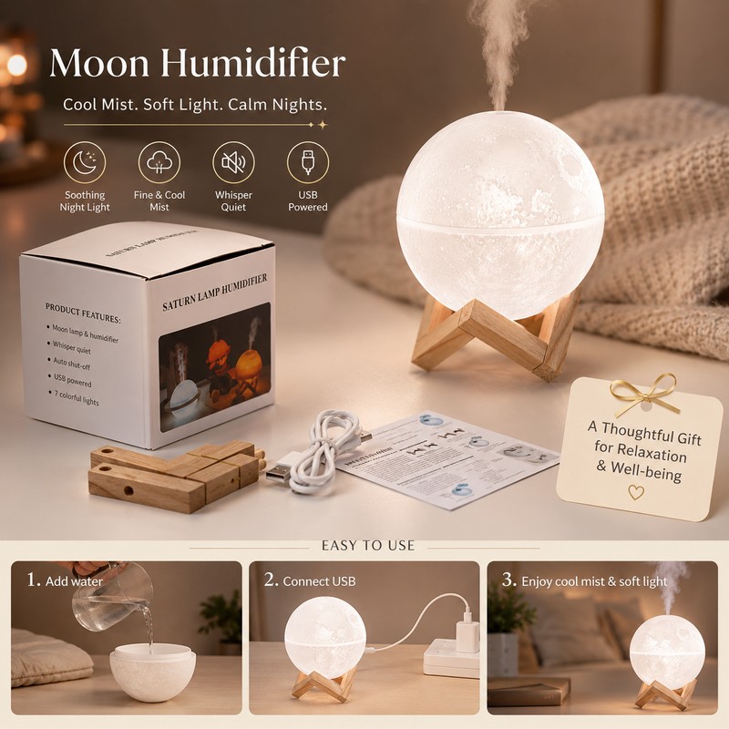 Mini Moon Humidifier for Bedroom Night Use – 200ml Cool