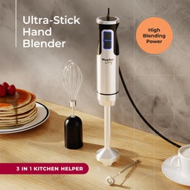 MuellerLiving Ultra-Stick Immersion Hand Blender, 500W Heavy Duty Motor, 8-Speed Turbo Setting, Includes Blending Shaft, Whisk, Milk Frother & Measuring Beaker