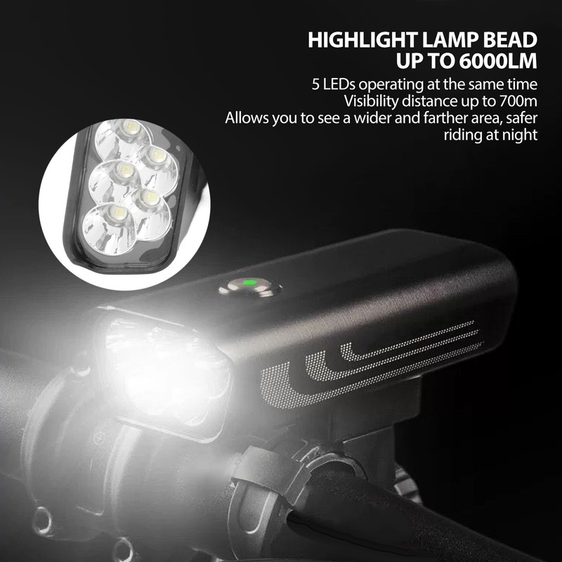 Bike Headlight 6000lm 6 Modes IPX6 Waterproof USB Charging 5