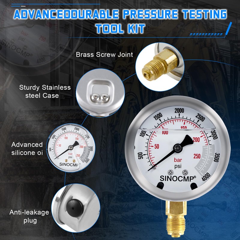 SINOCMP Hydraulic Pressure Gauges Test Kit 4000/6000/10000PSI, 9 Couplings 3
