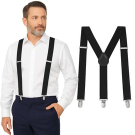 Black Suspenders for Men Heavy Duty - Adjustable 1” Y-Back Men's Suspenders for Dress Pants | Strong Metal Clips, Durable Elastic Straps, Leather Reinforcement - Comfortable, Formal, Everyday Wear