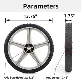 GICOOL 14 x 1.75" Spoked Plastic Wheel and Tire, 2.45" Hub Length, 1/2" Axle Bore, Universal Replacement Wheel for Lawn Mowers and DIY Trolley Wagon Cart, 2 Pack