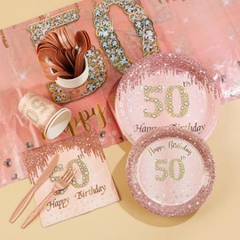 141PCS Party Supplies Paper Disposable plates Cups Napkins Plasti Knives Spoons Tablecloth Serve 20 Guests Dinnerware for 50th Birthday Party Wedding Graduation