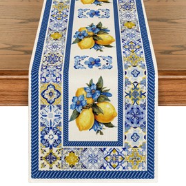 Artoid Mode Lemon Flowers Blue and White Porcelain 210 GSM Summer Table Runner, Seasonal Spring Kitchen Dining Table Decoration for Home Party Decor 13x72 Inch
