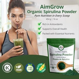 Aimgrow AimGrow Organic Spirulina Powder, Protein-Rich Spirulina for Eye, Skin, and Immune Health, Canada Organic, Non-GMO and Gluten-Free, 454 grams
