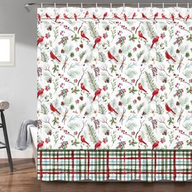 Christmas Cardinal Fabric Shower Curtain, Winter Xmas Red Bird Cardinal on Branch with Berries Bath Curtain, Winter Holiday Shower Curtain Set with Hooks 69 x 72 Inch