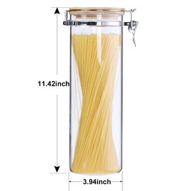 KKC HOME ACCENTS Tall Glass Pasta Storage Container with Hinged Lid,Glass Spaghetti Storage Jar Airtight Lid,Pasta Spaghetti Kitchen Cani ster Noodle Holder Container with Bamboo Ld