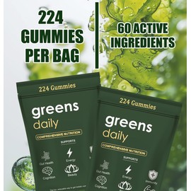 Greens Gummies - Organic Chlorella and Spirulina, Digestive & Gut Health, Formulated with 60+ Ingredients, Multi-Vitamins & Minerals, Daily Gummies, 224 Gummies Bear