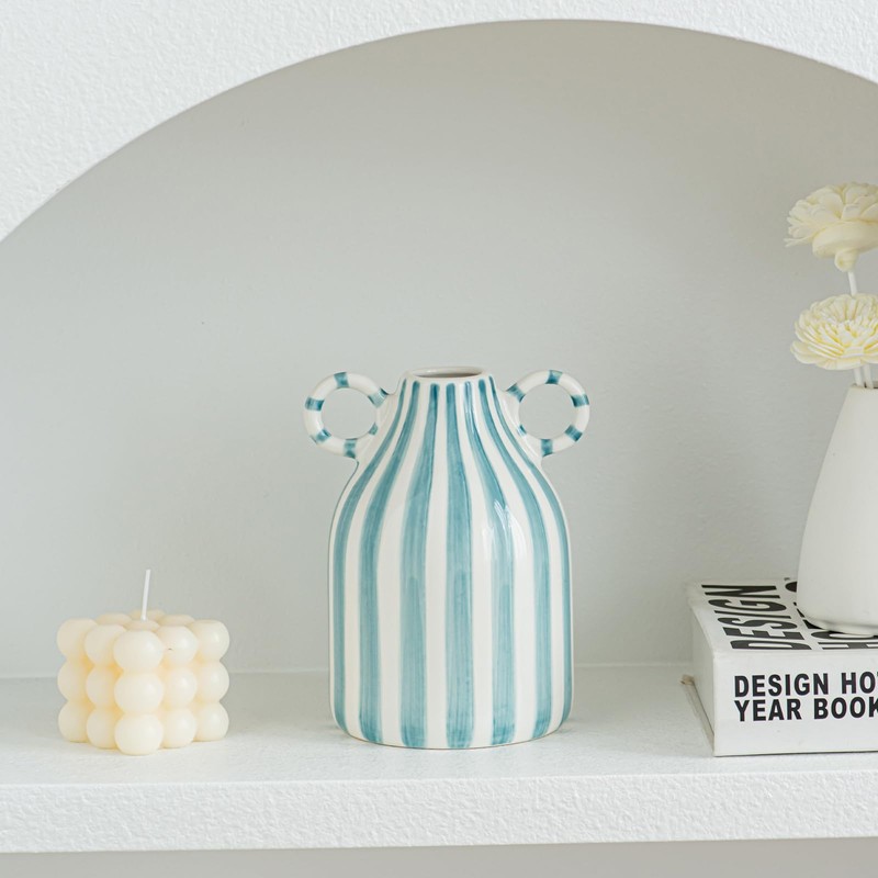 Blue and White Ceramic Vase, Mid Century Modern Striped Small