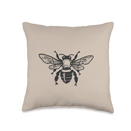 Black grey Honeybee on Tan sand beige for Honeybee Lover Throw Pillow