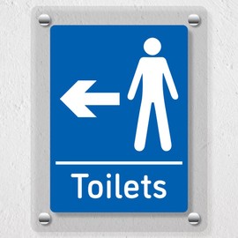 V Safety Men's Toilets - Arrow Left Blue Acrylic Sign 150x200mm - Durable, Shatterproof Directional Signage