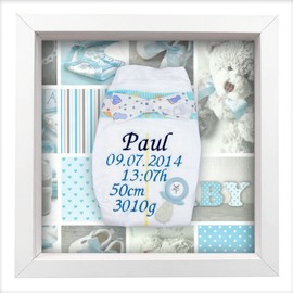 Embroidered Nappy in Frame White Boy, Cute Gift for Birth I Christening Gift, Decorated with Crystals Name, Date, Time, Weight and Size | Sustainable Baby Gift