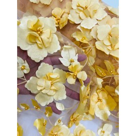 Mia Fabrics Yellow Gold Orquidia 3D Floral Embroider With Pearls On a Mesh Lace by Yard
