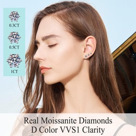 OIDEA Silver Moissanite Earrings for Women: 1 Carat D Color VVS1 Round Cut Lab Created Diamond Earrings 925 Sterling Silver Earrings Stud Jewelry Gifts for Women Men