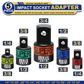 KIRXST 5 Piece Impact Socket Adapter and Reducer Set, 1/4" to 3/8", 3/8" to 1/4", 3/8" to 1/2", 1/2" to 3/8", 1/2" to 3/4" Socket Adapter Set for Impact Driver Conversions