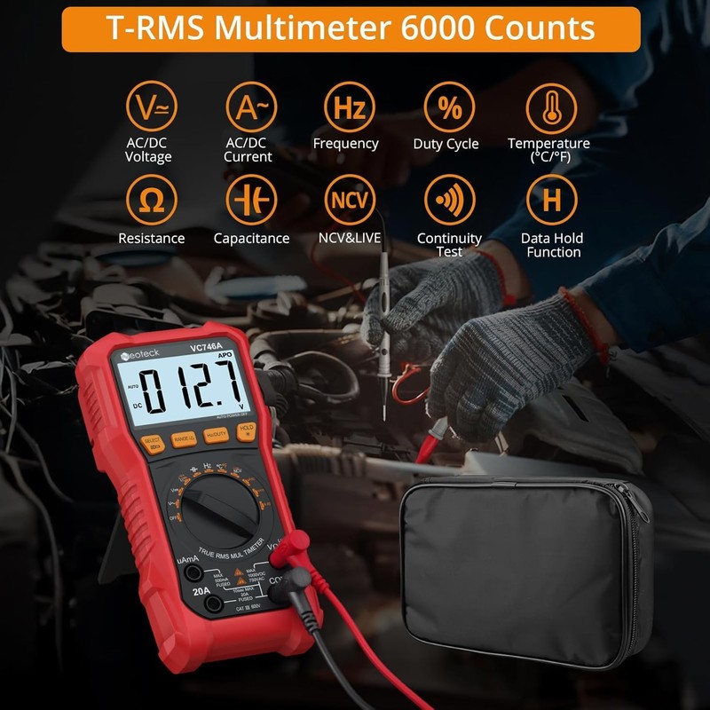 Neoteck Tester, 6,000 Count TRMS Digital Multimeter, AC/DC Voltage, AC/DC