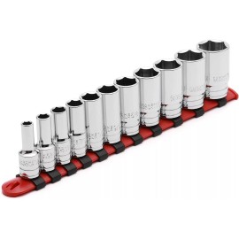 FS TOOL 14 Piece 3/8" Drive 6 Point Stubby Socket Set Metric Mirror Chrome Finish 6-19mm - 3/8"Dr., Mid-Length, 1/4" to 7/8"