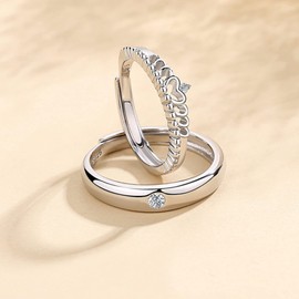 Engagement Ring Couple Ring 925 Silver Wedding Ring Heart Crown Ring Silver Pair Rings Adjustable Friendship Rings Partner Rings For Him And Her, Silver, Cubic Zirconia