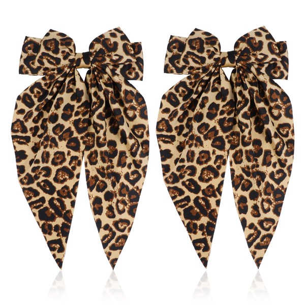 Mabor 2Pcs Leopard Print Hair Bow Clips with Long Tail