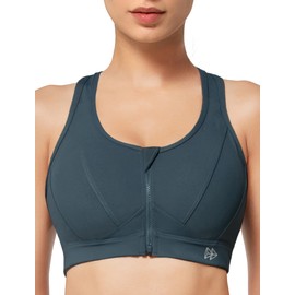 Yvette Zip Front Sports Bra High Impact Sports Bras for Women Plus Size Workout Fitness Bra, Haze Blue, XL