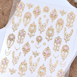 Gold Nail Stickers for Nail Art Gemstone Nail Decals with Golden Filigree Design,Luxury Baroque-Style Stickers for Nails 3D Self Adhesive Nail Art Supplies & Decorations for Women Girls 1 Sheet