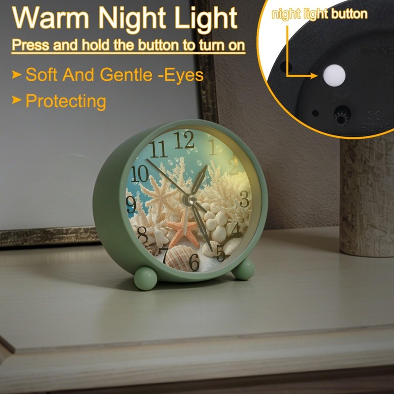 Sea Coral Shells Silent Analog Alarm Clock with Light, Easy