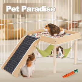 Guinea Pig Hammock with Platform, Wooden Guinea Pig Hideout Toys with Ramp, Guinea Pig Castle with Soft Mat & Stairs for Small Animals Hamsters Chinchilla Hedgehog Rat Ferret Bunny