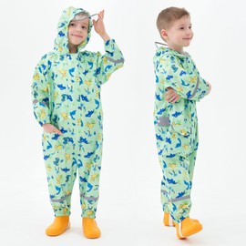 Fewlby Kids Puddle Suit Rain Suit Boys Girls Waterproof Suit Toddler All in One Waterproof Overall Muddy Suit Cartoon Dinosaur Raincoat Rain Wear, XL Size 7-9 Years