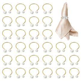 30PCS Pearl Napkin Rings, Metal Gold Napkin Holders, Elegant Pearl Stainless Steel Napkin Rings for Wedding Party Holiday Banquet Christmas Dinner Table Decorations (Gold)