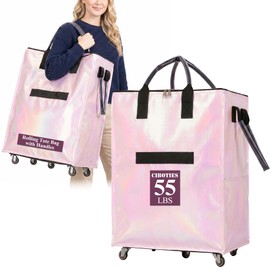 CIBOTIES Reusable Grocery Bag on 5 Wheels, Rolling Shopping Bags with Removable Baseboard, Foldable Tote Cart for Groceries, Laundry, Organization, Moving (Pink)