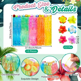 Honeydak Luau Grass Table Skirt Colorful 9 Feet x 29.5 Inch Hawaiian Table Skirt with 12 Pieces Hibiscus Flowers for Tropical Hawaiian Luau Summer Birthday Party, Blue, Green, Pink, Orange, Yellow