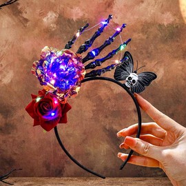 Aceorna Light Up Flower Headband Purple Rose LED Hairbands Glitter Skull Butterfly Headpiece Glowing Costume Hair Accessories for Women