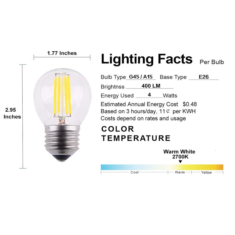 A15/G45 LED Bulb, 4 Watts Dimmable Mini Globe Style Bulb,
