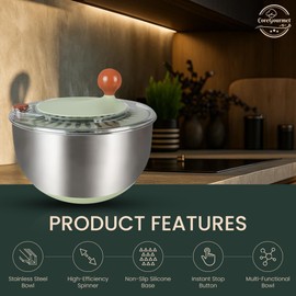 Stainless Steel Salad Spinner 5 Qt, Vegetable & Fruit Washing Bowl with Strainer, ABS & Stainless Steel, lettuce Dryer with Double Drain Holes, Quick Spin for Greens, Easy Grip, Non-Slip Base