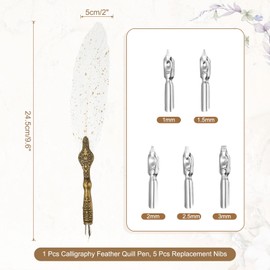 PATIKIL 24.5cm/9.6" Calligraphy Feather Quill Pen, Vintage Feather Dip Pen with 5 Replacement Nibs for Calligraphy Writing Wedding Office Gifts, White