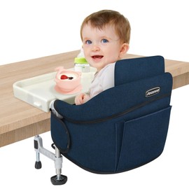 Hook On High Chair: Portable Travel Chair for Baby and Toddler, Foldable Clip-on With Backrest Board, Removable Dining Tray and Storage Carrying Bag for Indoor Outdoor (Blue)