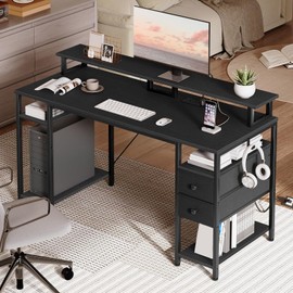 HOOBRO Computer Desk with LED Lights & Power Outlets, 55 inch Gaming Desk with Printer Storage Shelves and Drawers, Desk for Home Office, Study, Working, Black BB48UDDN01